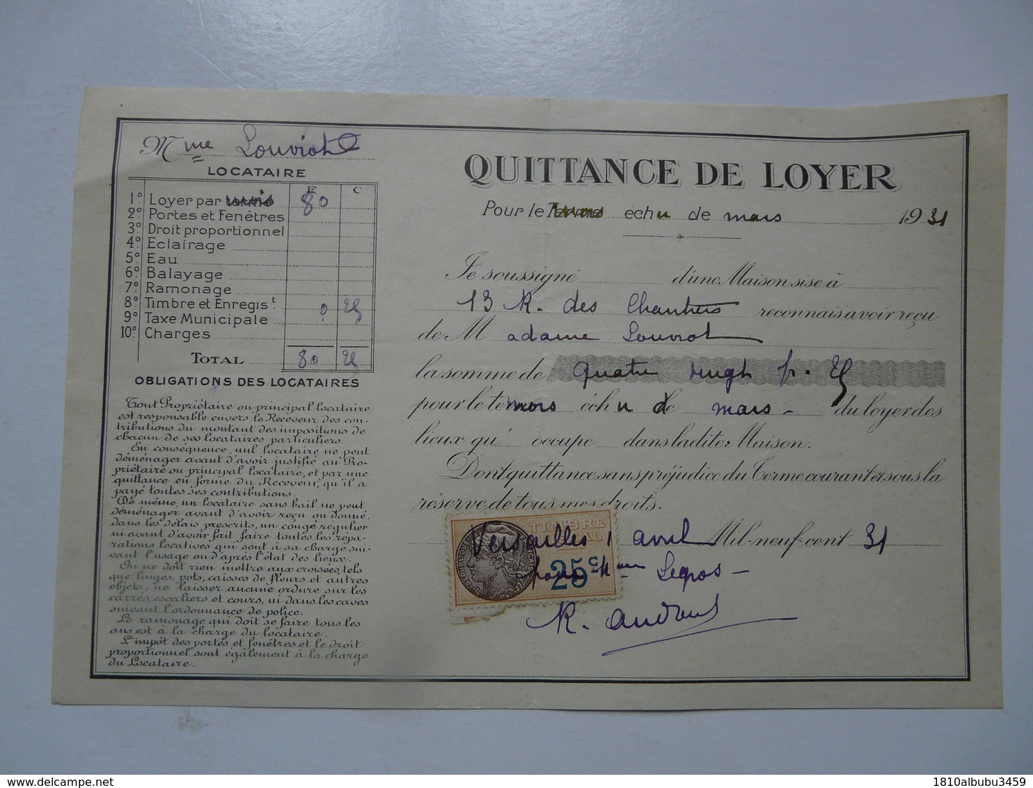 VIEUX PAPIERS - QUITTANCE DE LOYER - Mme LOUVIOT Locataire - Rue Des Chantiers - Mars 1931 - Versailles - 1900 – 1949