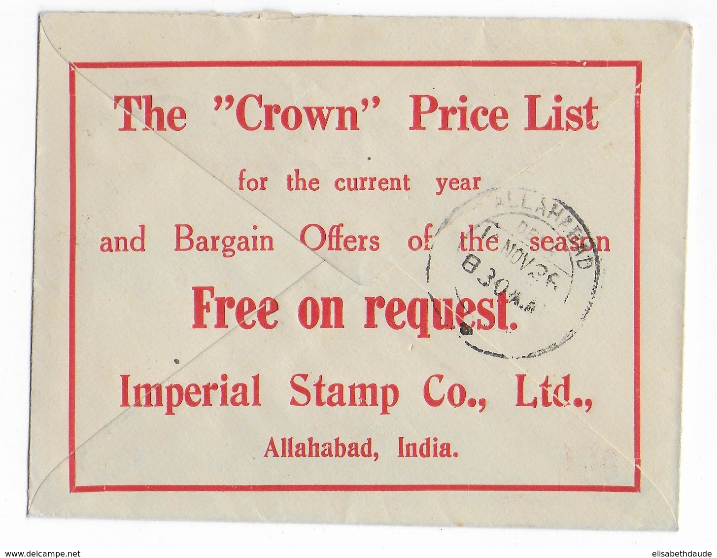 INDIA  - 1926 - ENVELOPPE ENTIER POSTAL Avec REPIQUAGE PRIVE ! De ALLAHABAD - 1911-35 King George V