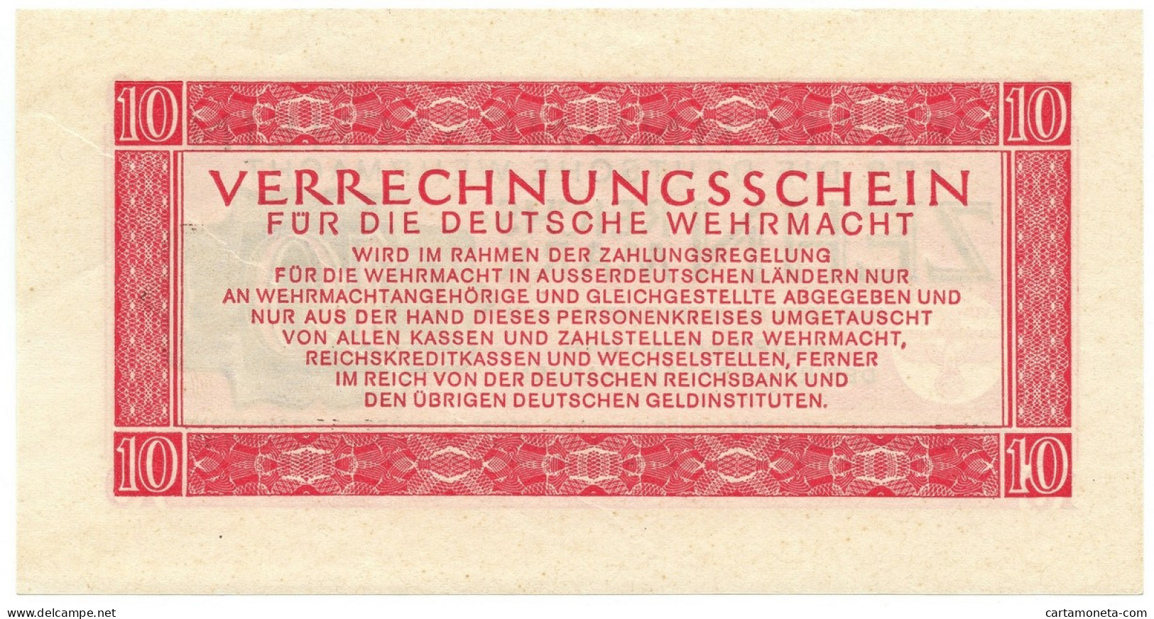 10 REICHSMARK VERRECHNUNGSSCHEIN FUR DEUTSCHE WERMACHT BERLIN 15/09/1944 SUP+ - 2. WK - Alliierte Besatzung