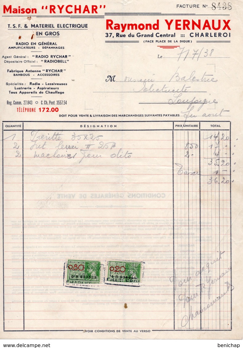 MAISON RYCHAR - RAYMOND YERNAUX - T.S.F. ET MATERIEL ELECTRIQUE - RADIO - LOUPOIGNE - 7 JUILLET 1938. - Electricidad & Gas