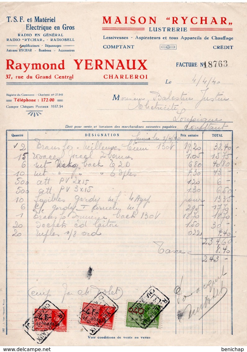 MAISON RYCHAR - RAYMOND YERNAUX - T.S.F. ET MATERIEL ELECTRIQUE - RADIO - LOUPOIGNE - 4 AVRIL 1940. - Elettricità & Gas