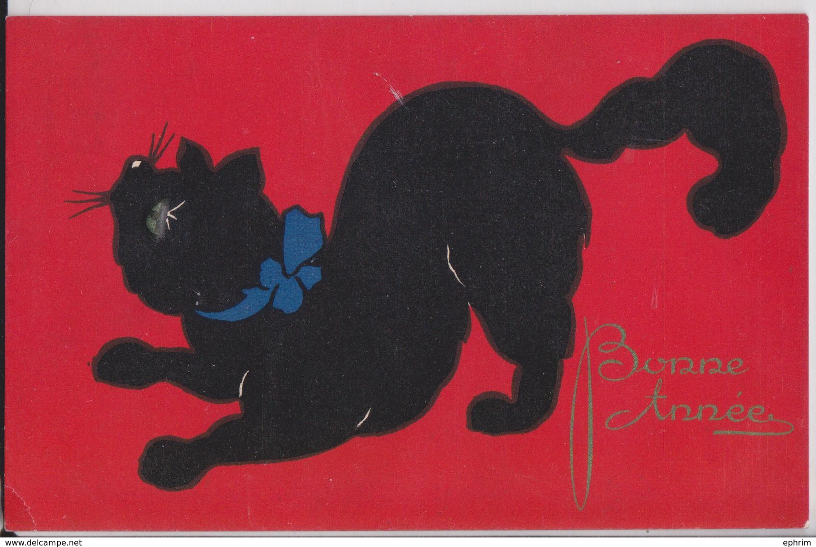 Cpa Fantaisie Bonne Année Chat Noir à Ruban Bleu Sur Fond Rouge - Gatti