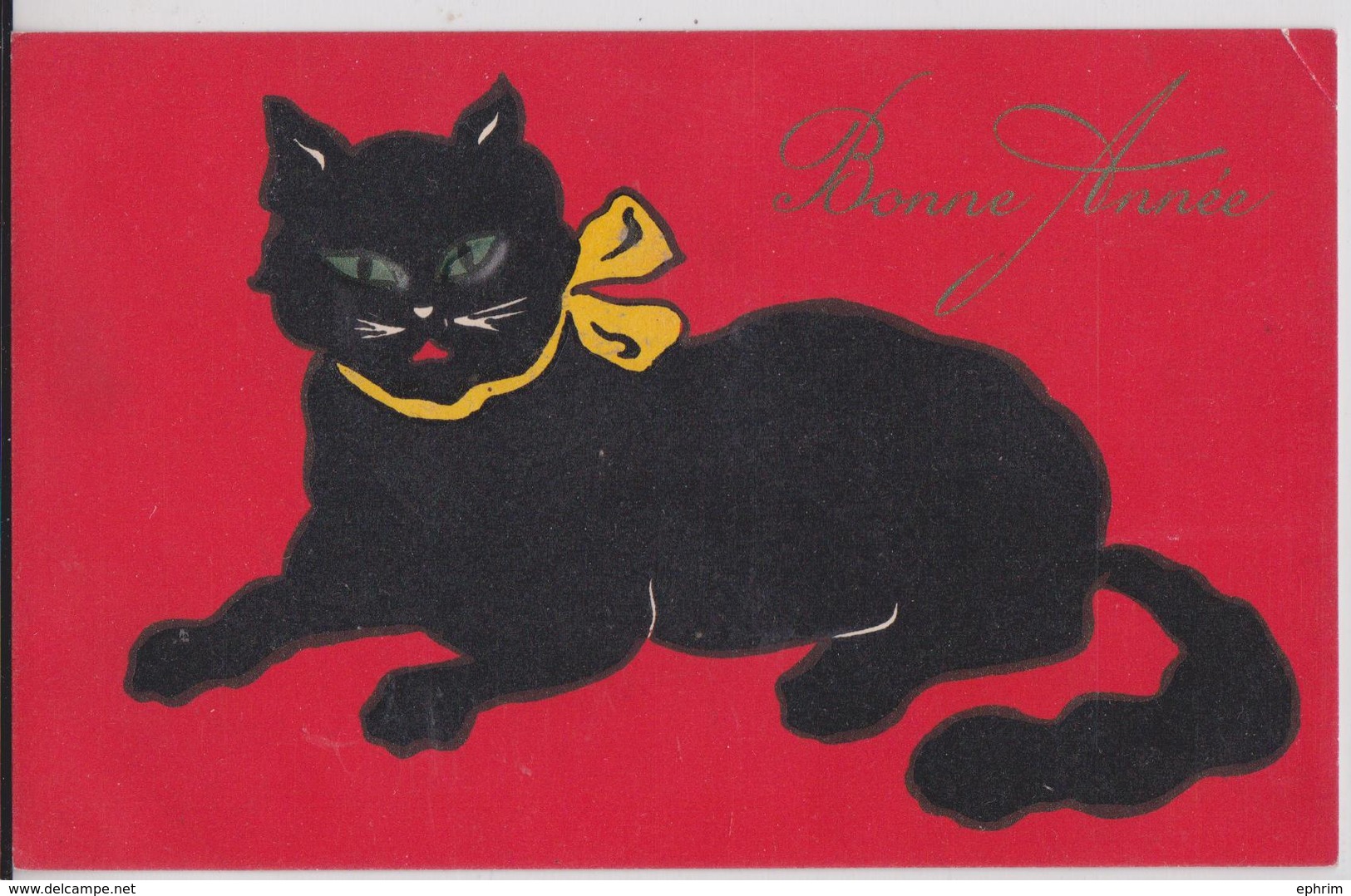 Cpa Fantaisie Bonne Année Chat Noir à Ruban Jaune Sur Fond Rouge Série 708 - Gatti