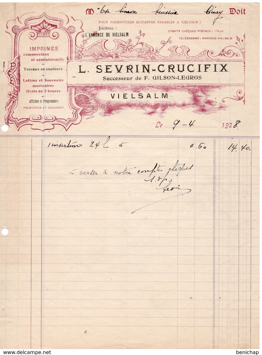 IMPRIMES COMMERCIAUX ET ADMINISTRATIFS - AFFICHES ET PROGRAMMES - L. SEVRIN-CRUCIFIX - VIELSAM - 9 AVRIL 1928. - Druck & Papierwaren