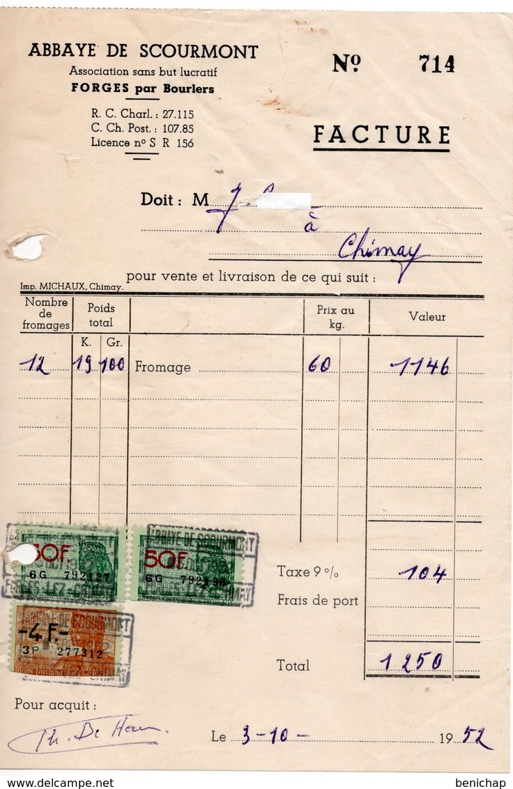 ABBAYE DE SCOURMONT - FORGES PAR BOURLERS - CHIMAY - 3 OCTOBRE 1952. - Alimentaire