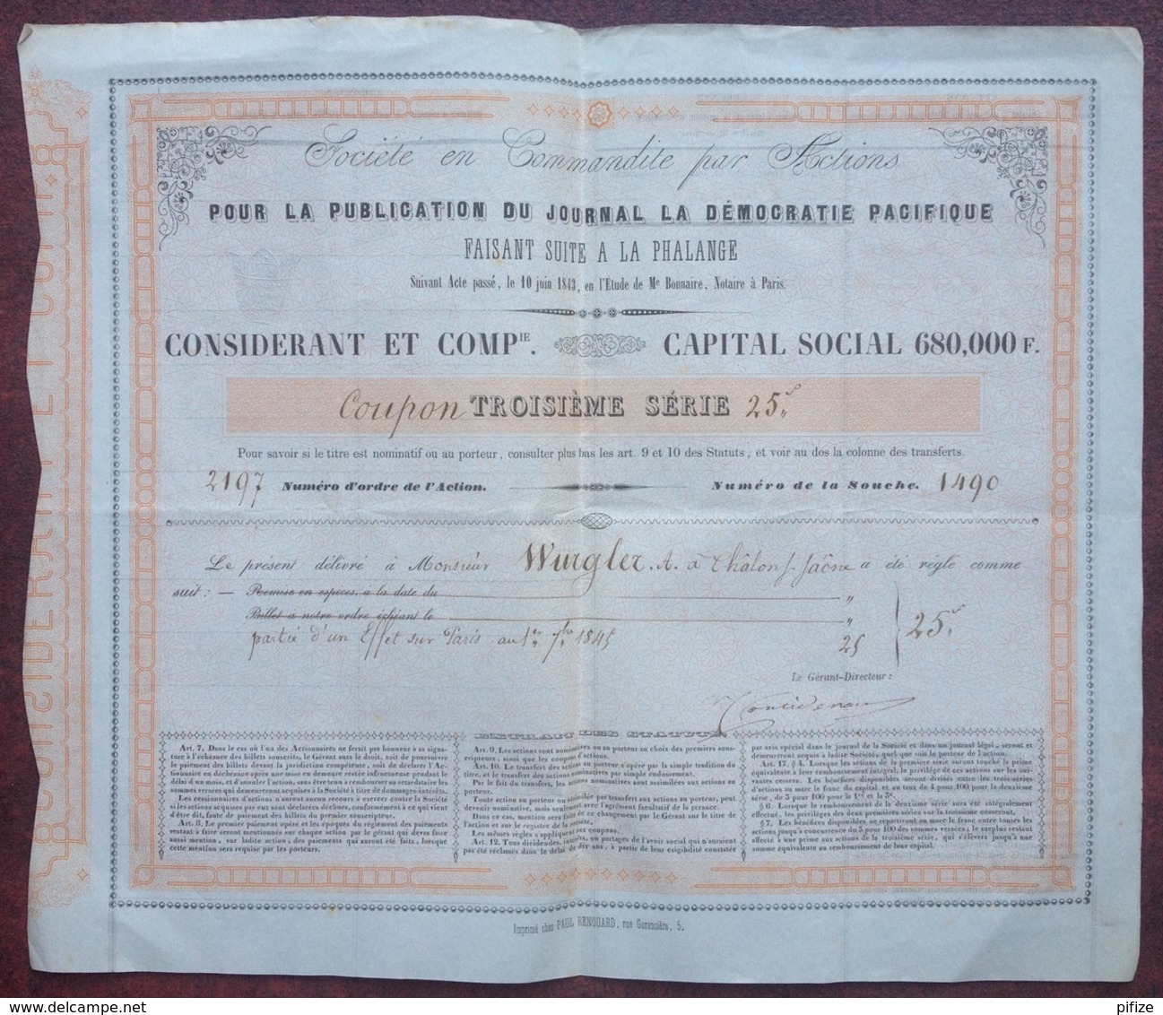 Journal "La Démocratie Pacifique" Faisant Suite à "La Phalange" . Rare Action De 25 F De 1845 . Presse . - D - F