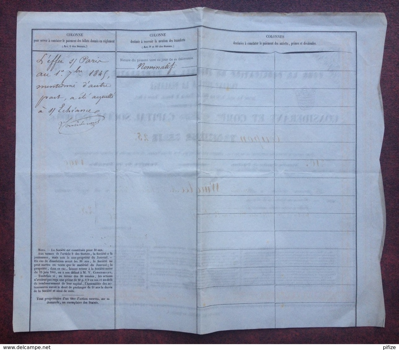 Journal "La Démocratie Pacifique" Faisant Suite à "La Phalange" . Rare Action De 25 F De 1845 . Presse . - D - F