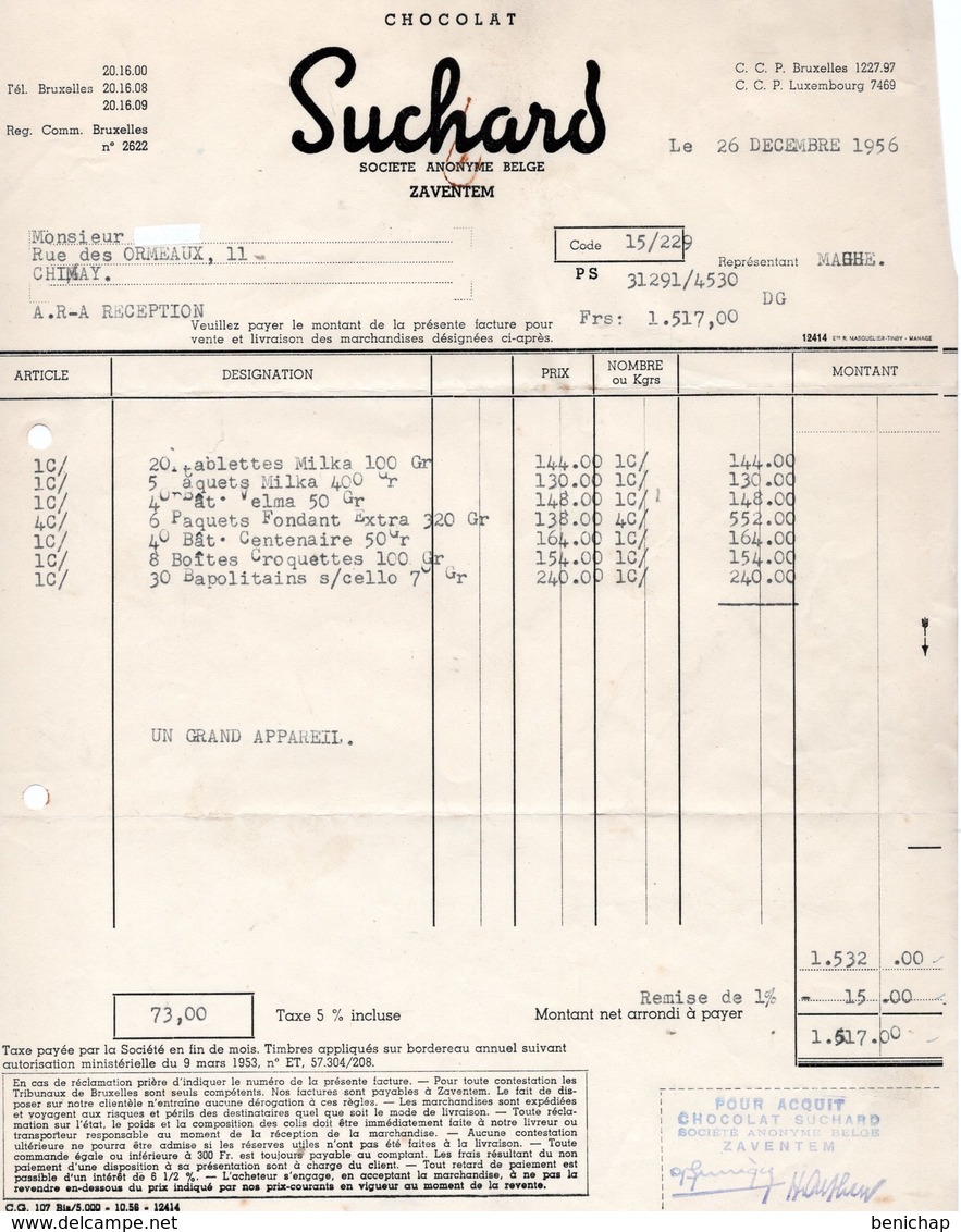 CHOCOLAT SUCHARD - ZAVENTEM - CHIMAY - 26 DECEMBRE 1956. - Alimentaire