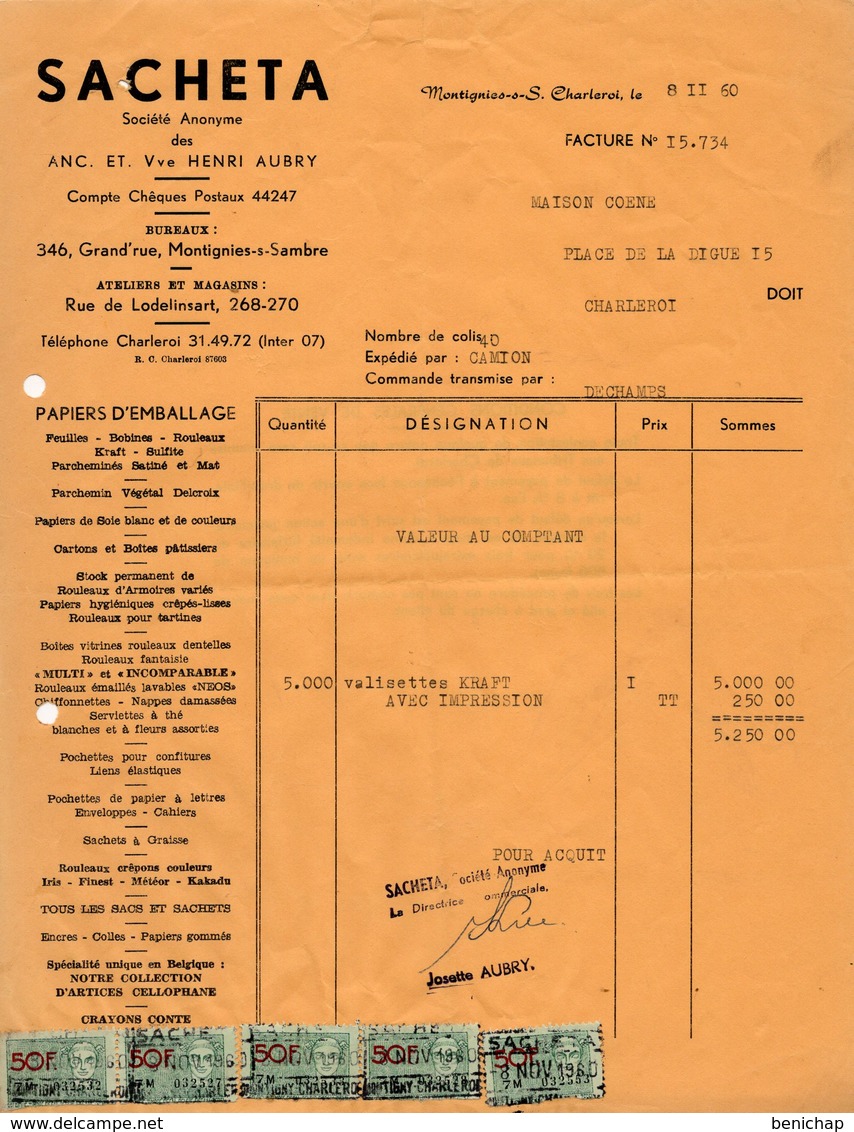 SACHETA - PAPIER D'EMBALLAGE - CARTONS - PARCHEMIN - MONTIGNIES-SUR-SAMBRE - 08 NOVEMBRE 1960. - Imprenta & Papelería