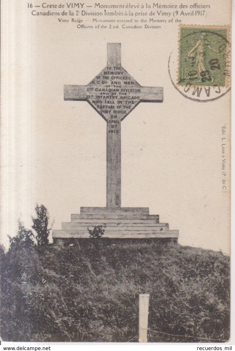 Crete De Vimy Monument Des Officiers Canadiens 9 Avr 1917      1920 - Otros & Sin Clasificación