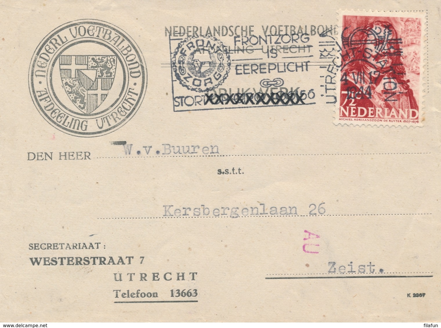 Nederland - 1944 - 7,5 Cent Michiel De Ruyter Op KNVB Briefje Van Utrecht - Frontzorg Is Eereplicht - Naar Zeist - Brieven En Documenten