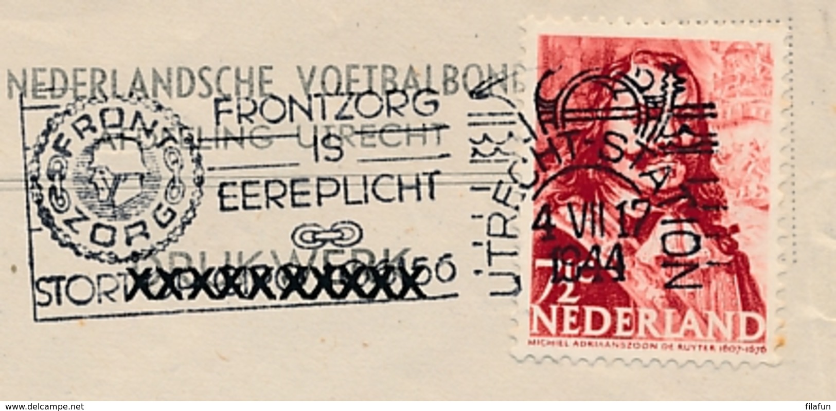 Nederland - 1944 - 7,5 Cent Michiel De Ruyter Op KNVB Briefje Van Utrecht - Frontzorg Is Eereplicht - Naar Zeist - Brieven En Documenten