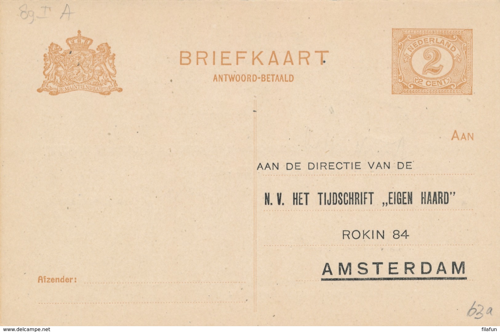 Nederland - 1918 - 2 Cent Cijfer, AntwoordBriefkaart G89 I-A - Particulier Bedrukt Tijdschrift Eigen Haard - Ongebruikt - Entiers Postaux