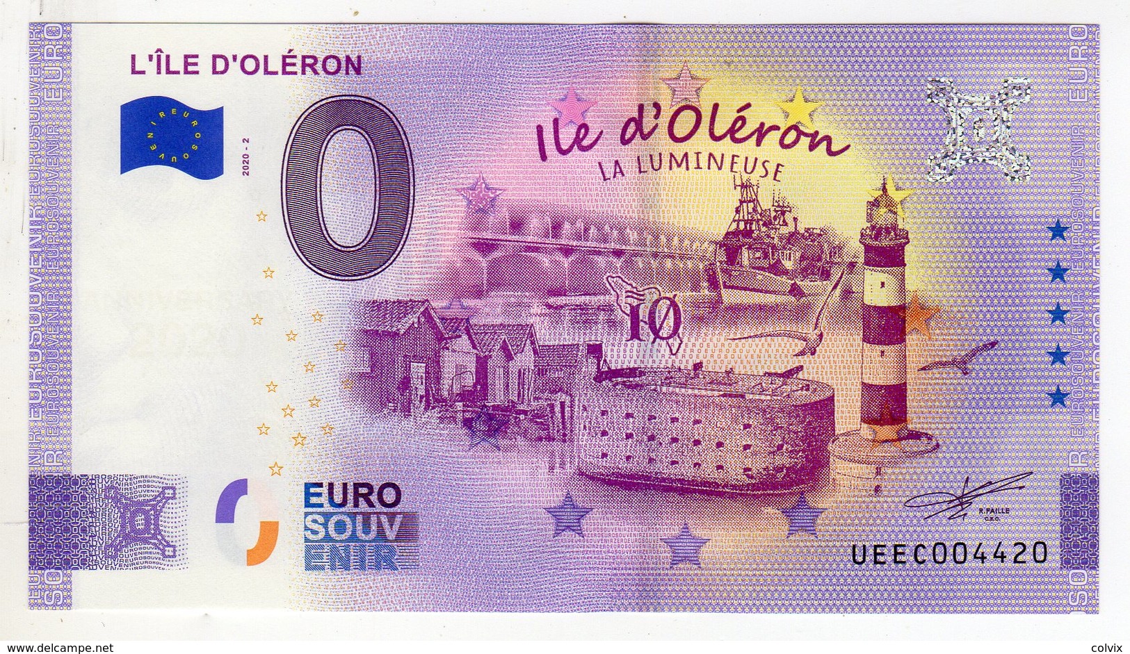 2020-2 BILLET TOURISTIQUE FRANCE 0 EURO SOUVENIR N°UEEC004420 L'ILE D'OLERON BILLET ANNIVERSAIRE 5 ETOILES - Essais Privés / Non-officiels