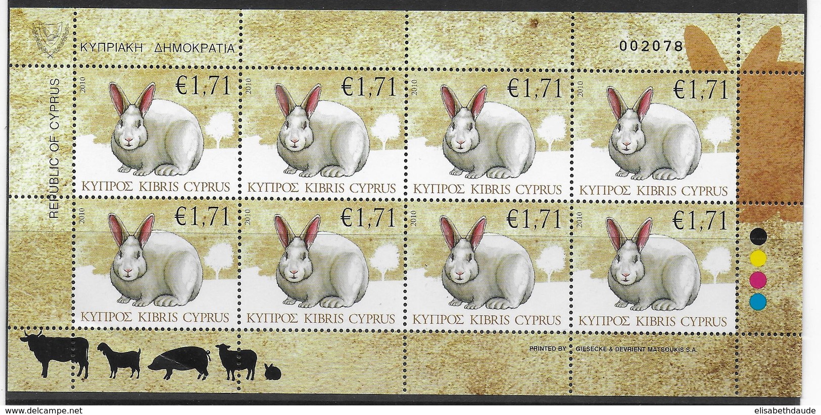 CYPRUS - 2010 -  MINIFEUILLE ANIMAUX "LAPIN" - VALEUR FACIALE = 13.68 EUR. - Unused Stamps