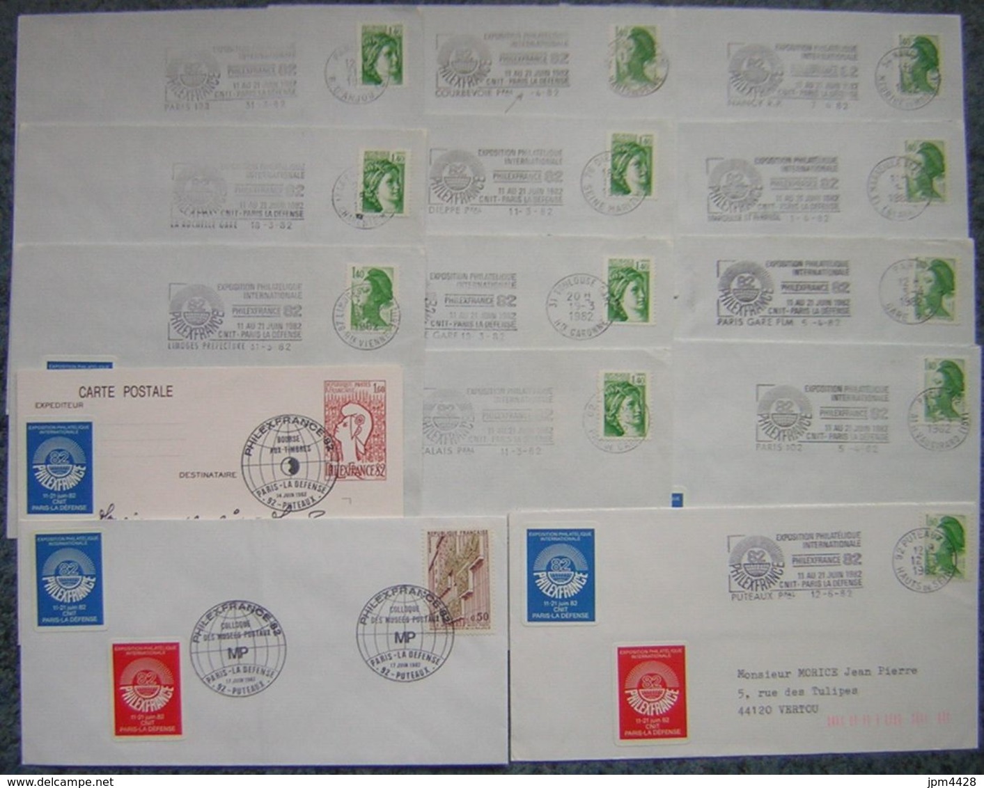 France 1982 Lot De 33 Documents Divers PHILEXFRANCE82 - Bureaux Temporaires, EMA, Flammes, Lisa Peu Lisible, Vignettes - 1961-....