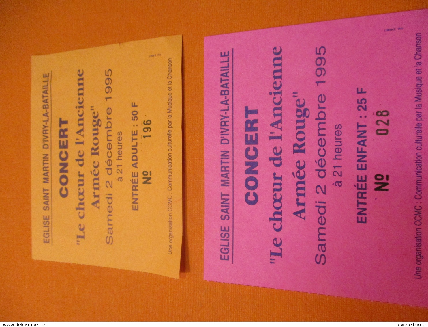 2 Tickets / Eglise Saint Martin D'Ivry La Bataille/ Concert/ Le Choeur De L'ancienne Armée Rouge/1995  TCK197 - Eintrittskarten