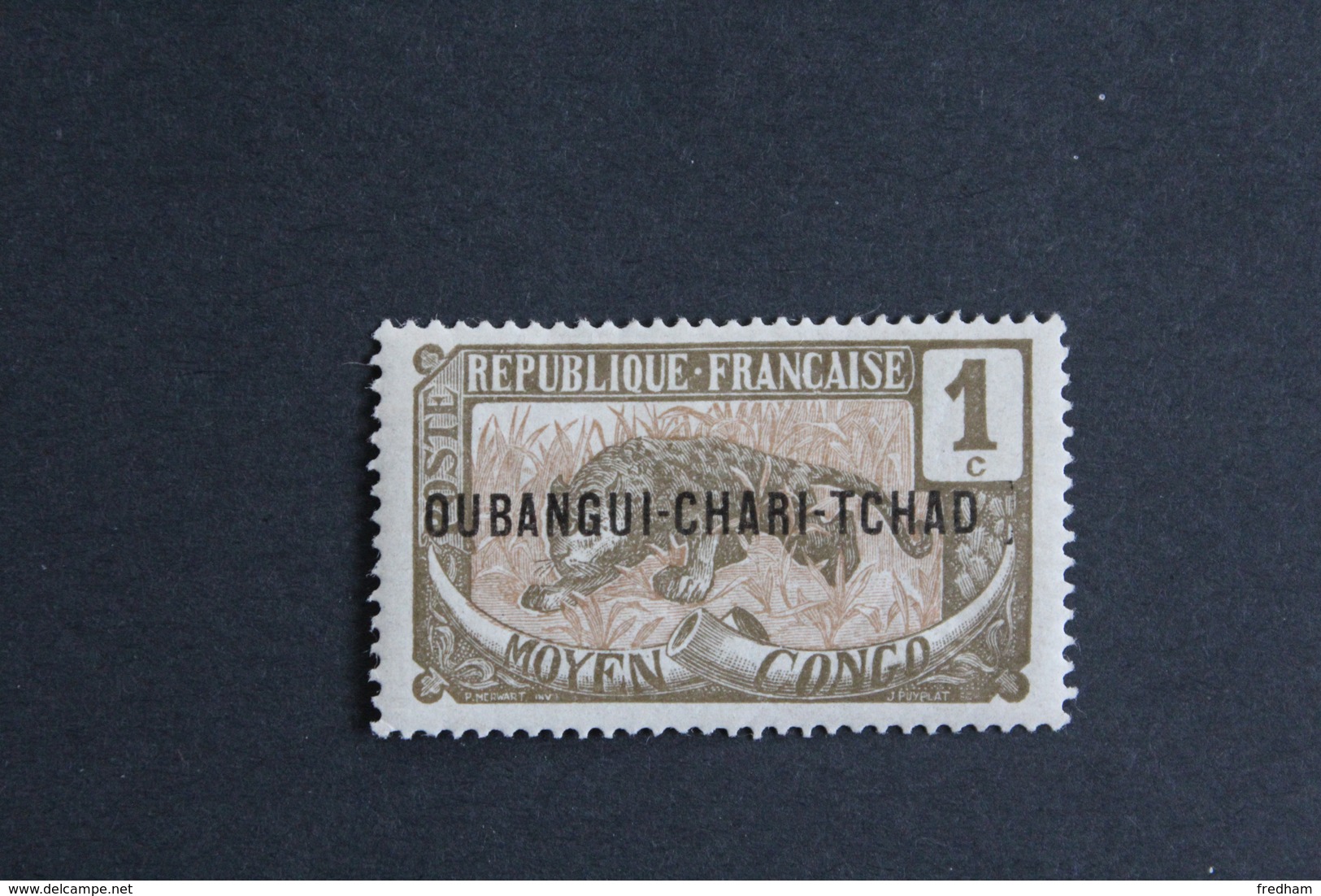 OUBANGI 1915 Y&T NO 1 ,1C PANTHERE GRIS-OLIVE ET BISTRE SURCHARGE  NEUF*.. - Neufs