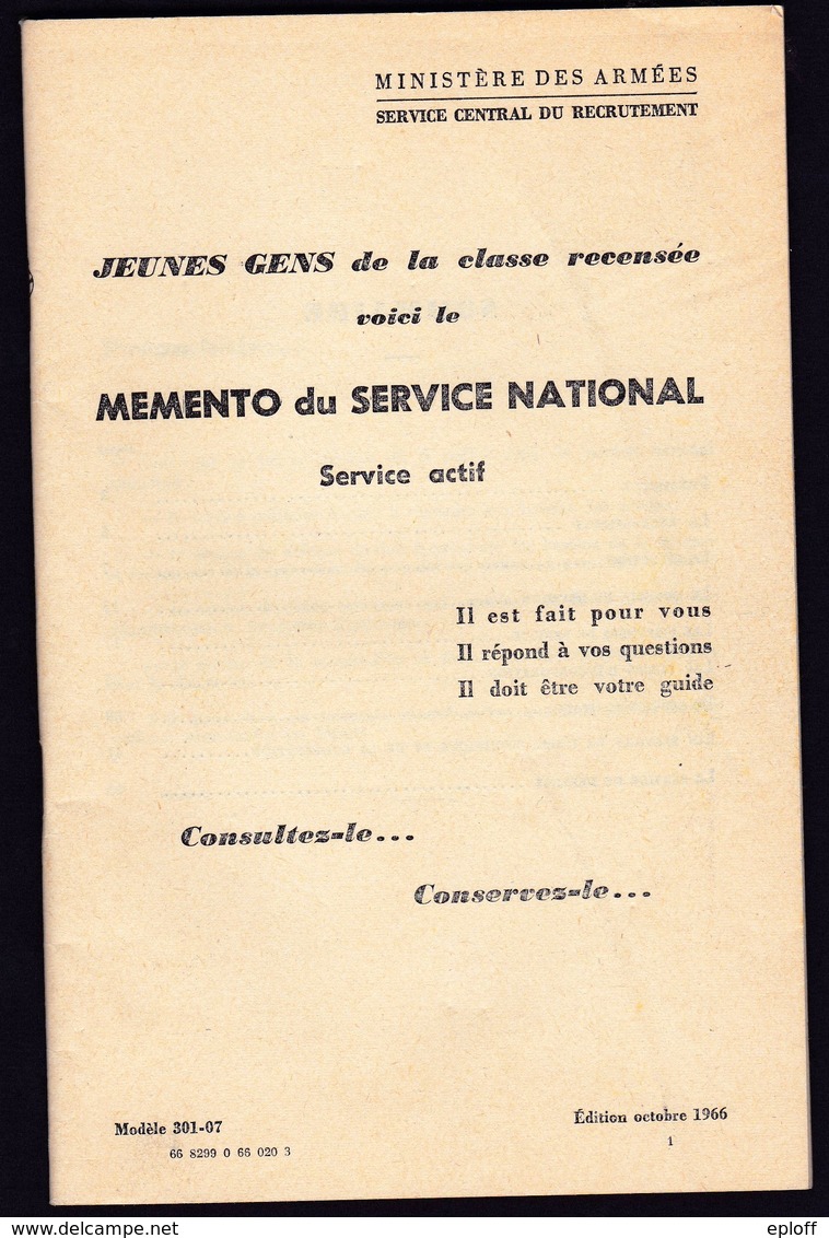 FRANCE 1966   Militaria     "Mémento Du Service National" Jeunes Gens De La Classe Recensée Service Actif  Modèle 301-07 - Francia