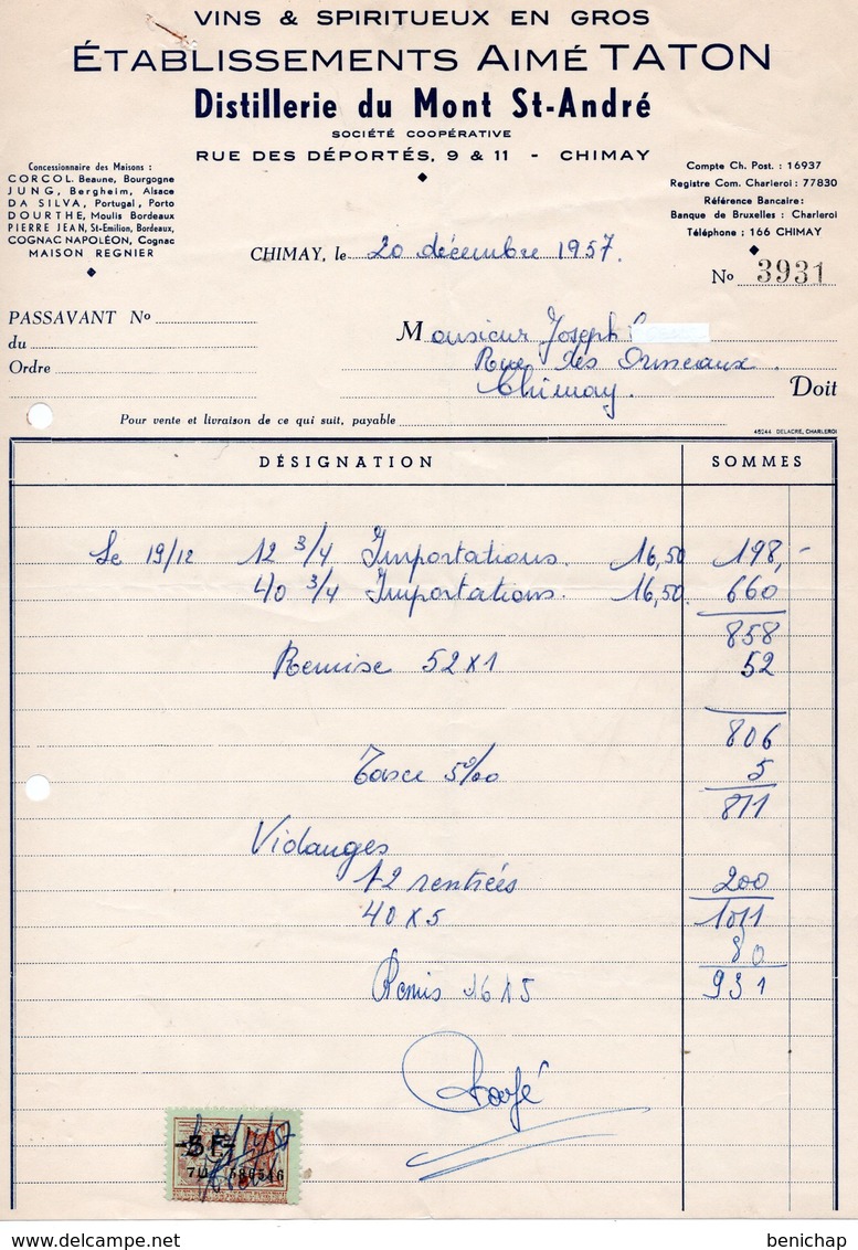 ETABLISSEMENTS AIME TATON - DISTILLERIE DU MONT ST-ANDRE - CHIMAY - 20 DECEMBRE 1957. - Alimentaire