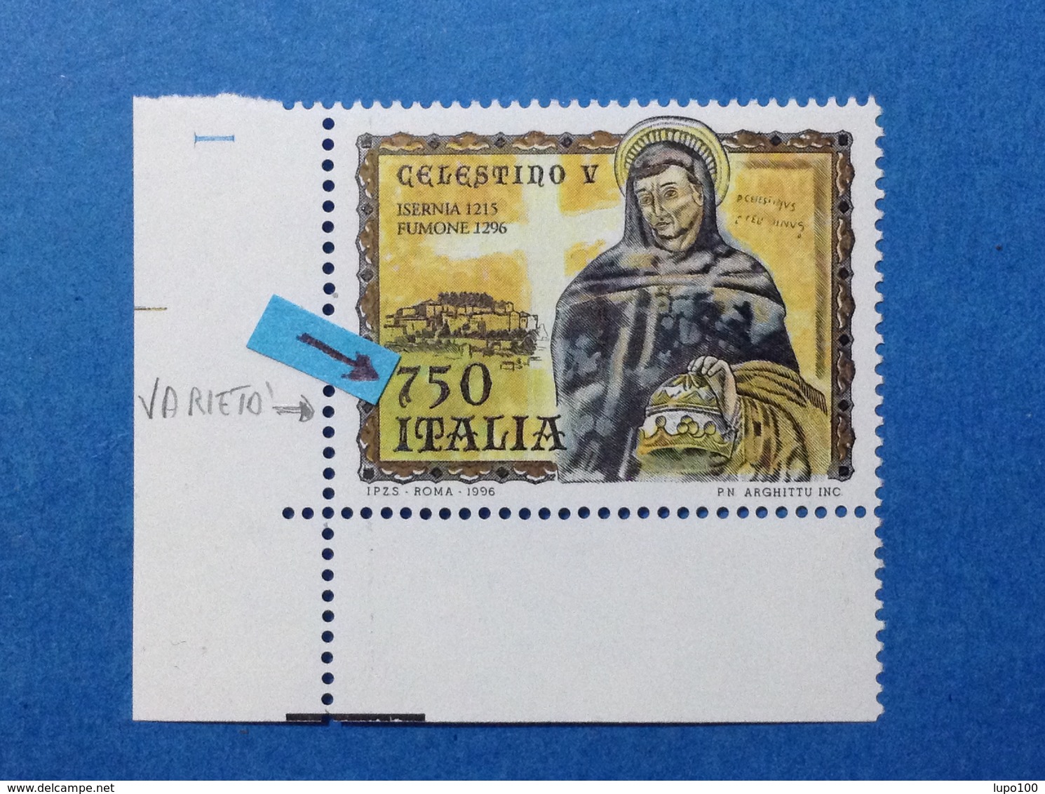 1996 ITALIA FRANCOBOLLO NUOVO ITALY STAMP NEW MNH** CELESTINO V VARIETA' GAMBO DEL 7 INCOMPLETO - Varietà E Curiosità