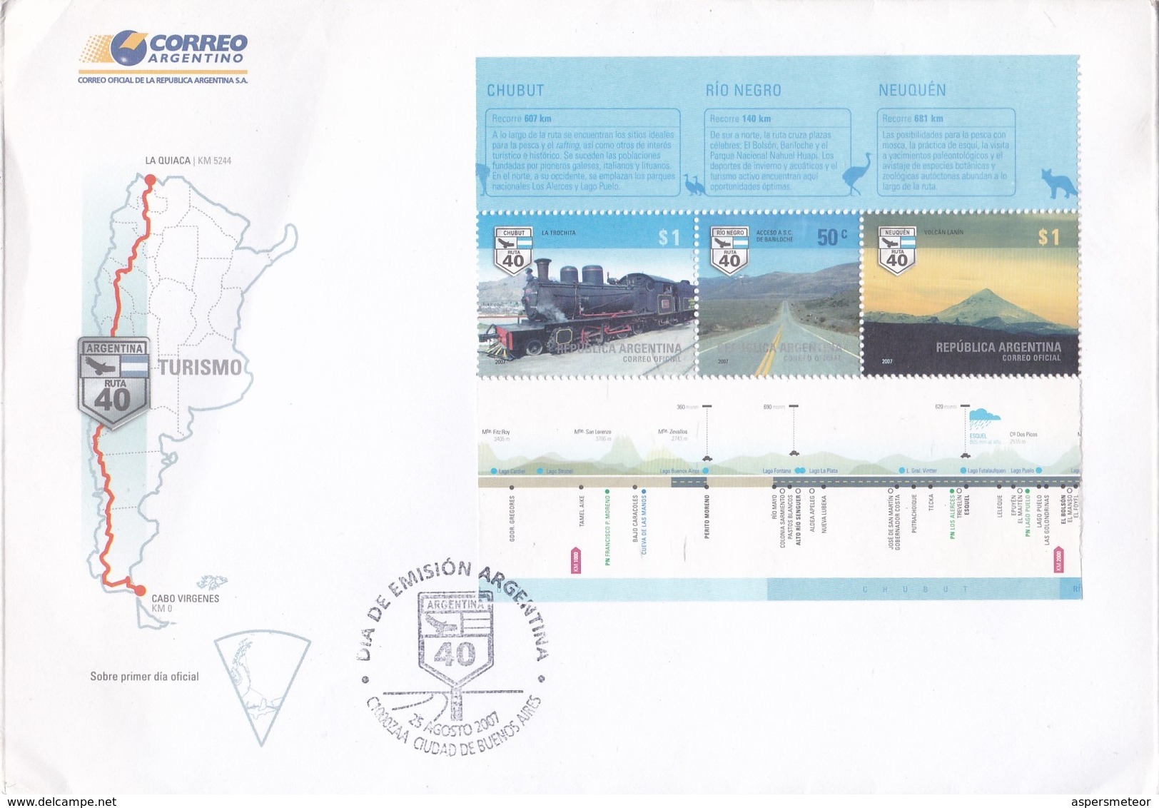 TURISMO, RUTA 40 CHUBUT RIO NEGRO NEUQUEN. ARGENTINA YEAR 2007, BUENOS AIRES FDC WITH BLOCK -LILHU - Other & Unclassified