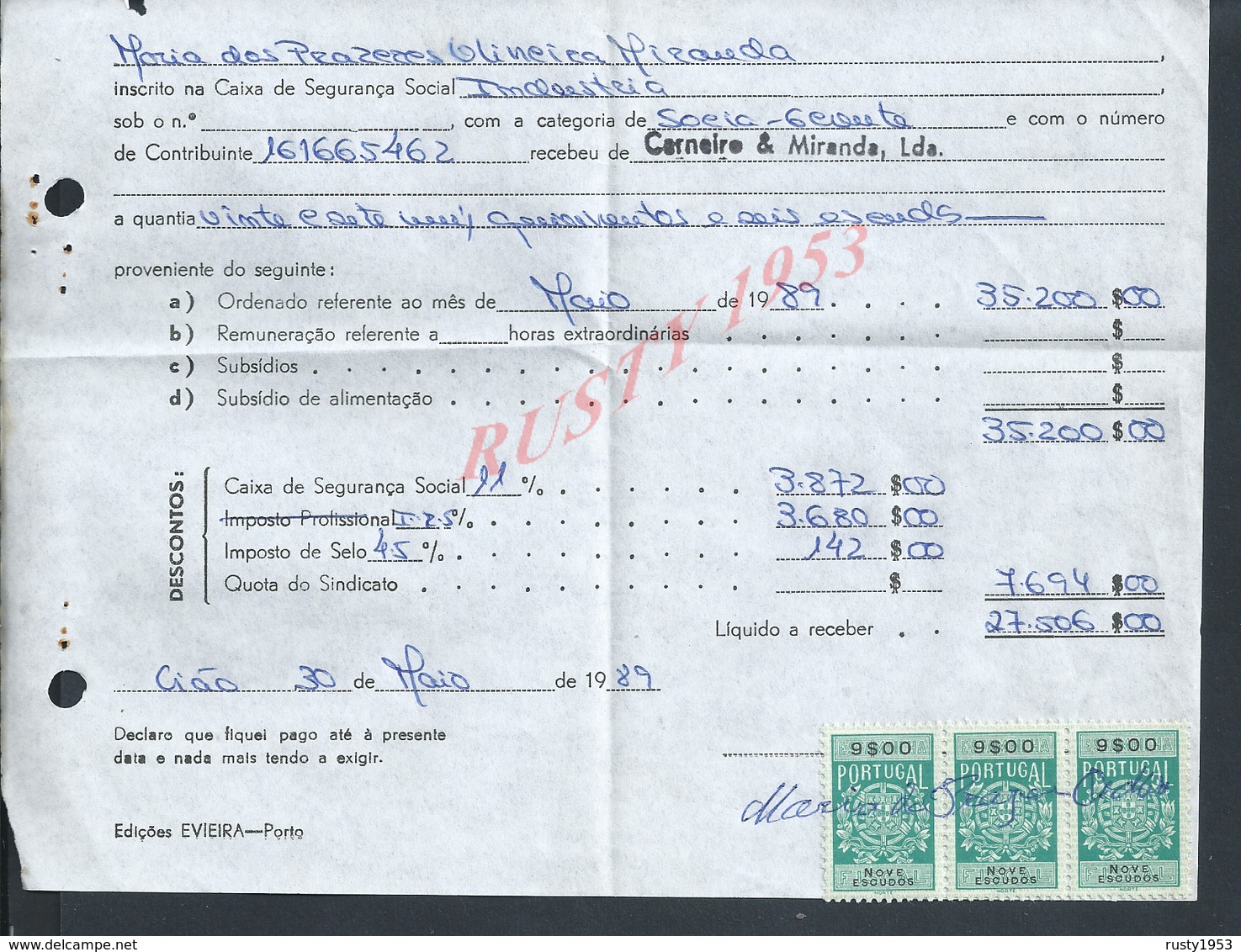 DOCUMENT COMMERCIAL 1989 DE CARNEIRO & MIRANDA GIAO VILA DO CONDE SUR TIMBRES FISCAUX DU PORTUGAL : - Storia Postale