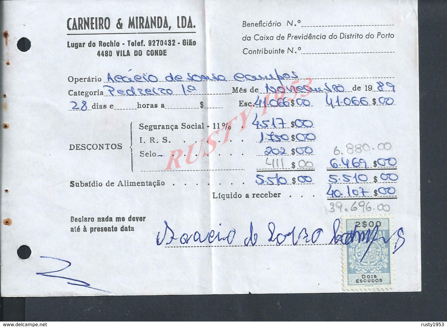 DOCUMENT COMMERCIAL 1989 DE CARNEIRO & MIRANDA GIAO VILA DO CONDE SUR TIMBRES FISCAUX DU PORTUGAL : - Lettres & Documents