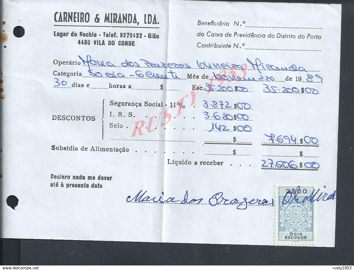 DOCUMENT COMMERCIAL 1985 DE CARNEIRO & MIRANDA GIAO VILA DO CONDE SUR TIMBRES FISCAUX DU PORTUGAL : - Briefe U. Dokumente