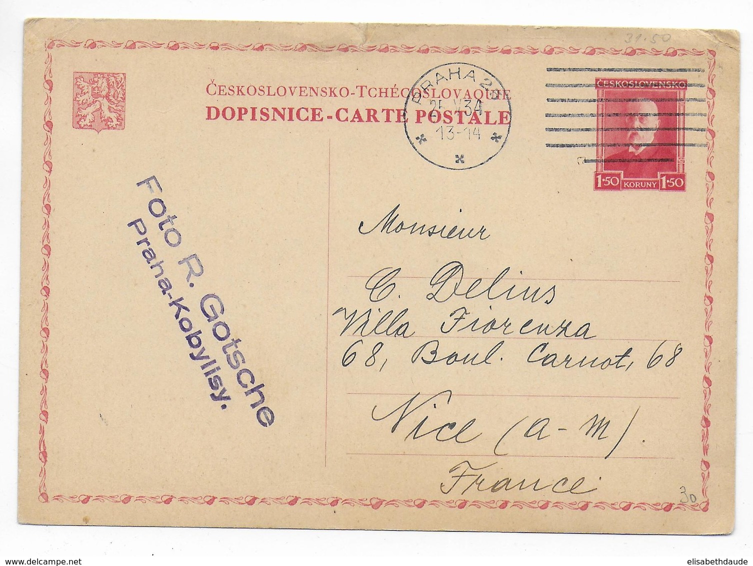 TCHECOSLOVAQUIE - 1934 - CP ENTIER POSTAL Pour ETRANGER - RARE P50 => NICE (ALPES MARITIMES) - Cartoline Postali