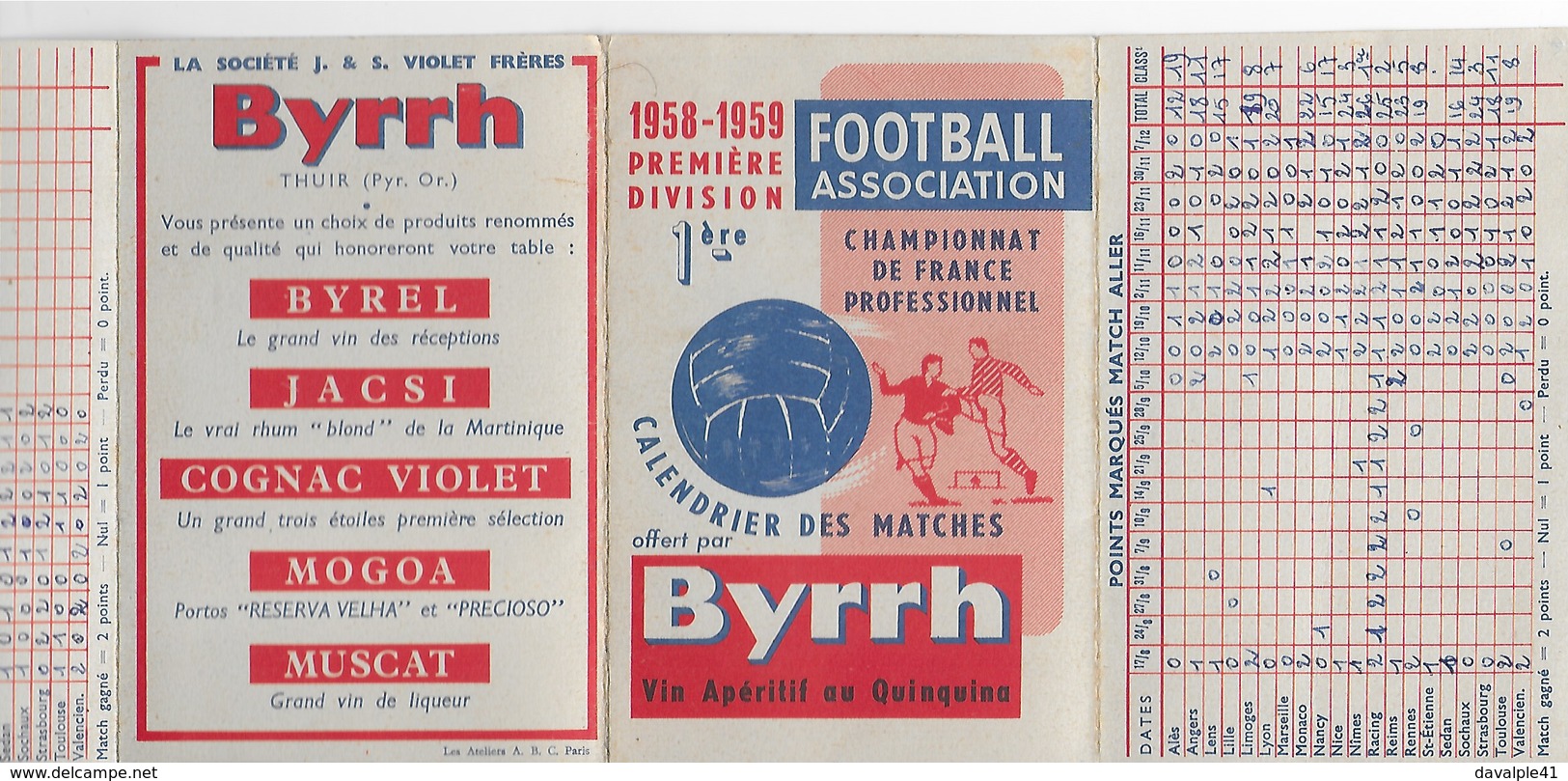 CALENDRIER   DU CHAMPIONNAT PREMIERE DIVISION  FOOT-BALL  PUB  BYRRH      1958.59   BON ETAT - Autres & Non Classés