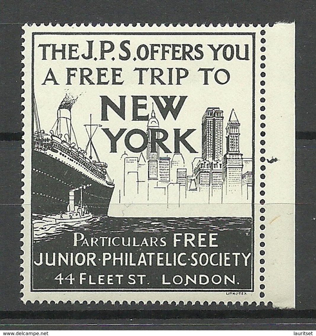 GREAT BRITAIN 1930ies Junior Philatelic Society London Vignette Advertising Stamp Ship New York MNH - Cinderellas