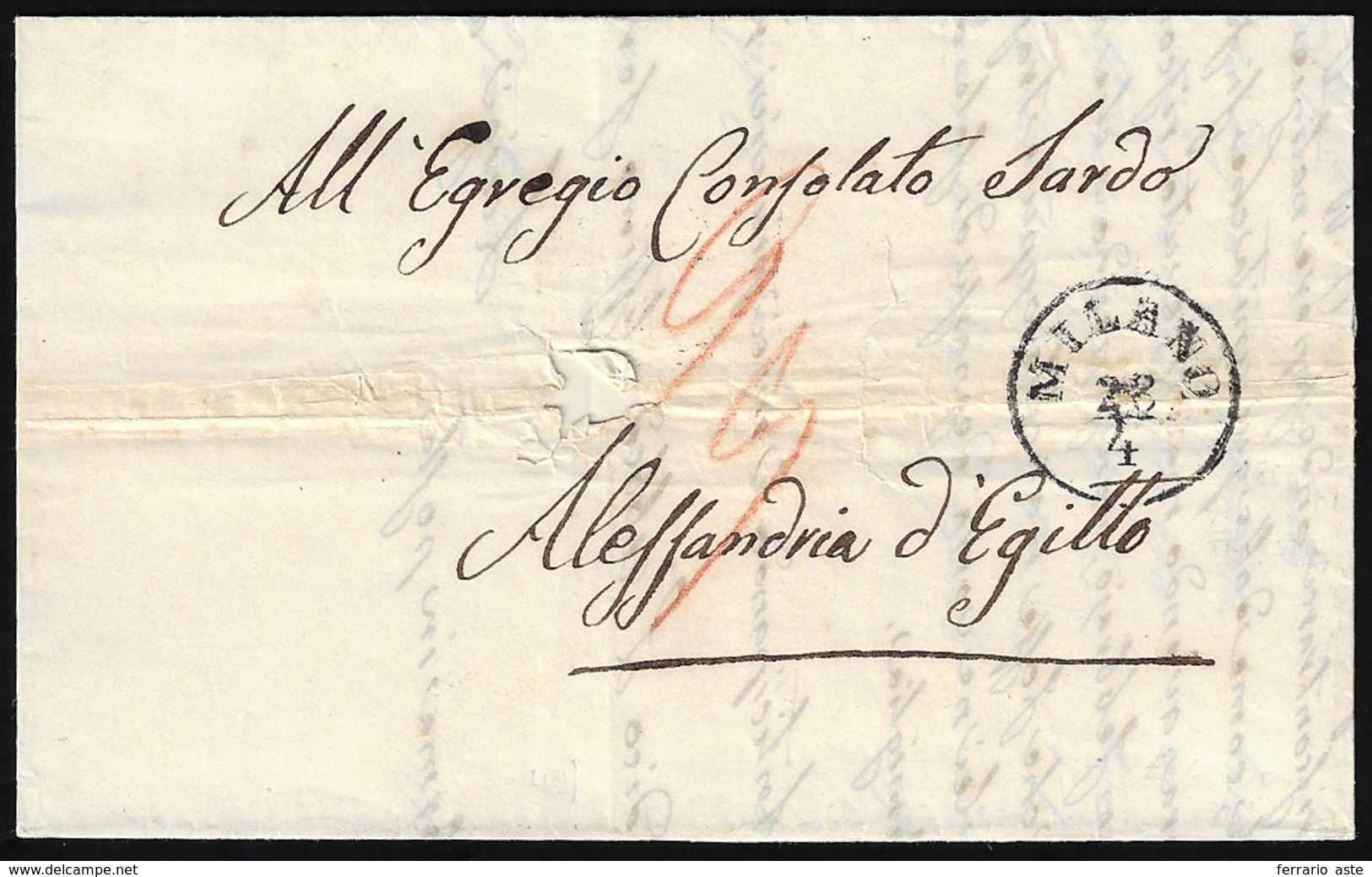 1854 - Lettera Non Affrancata Da Milano 28/4/1854 Ad Alessandria D'Egitto, Trasportata Con Il Lloyd ... - Lombardo-Vénétie