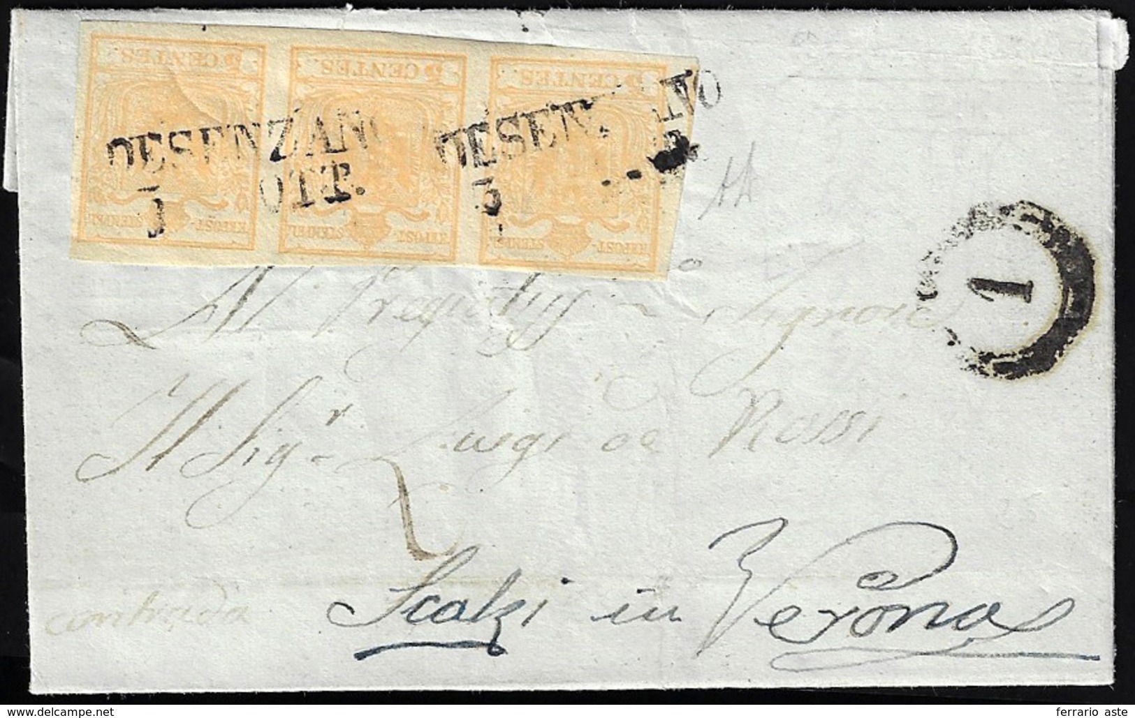 1854 - 5 Cent. Giallo Ocra (1), Striscia Di Tre, Perfetta, Su Lettera Da Desenzano 3/10/1854 A Veron... - Lombardo-Vénétie