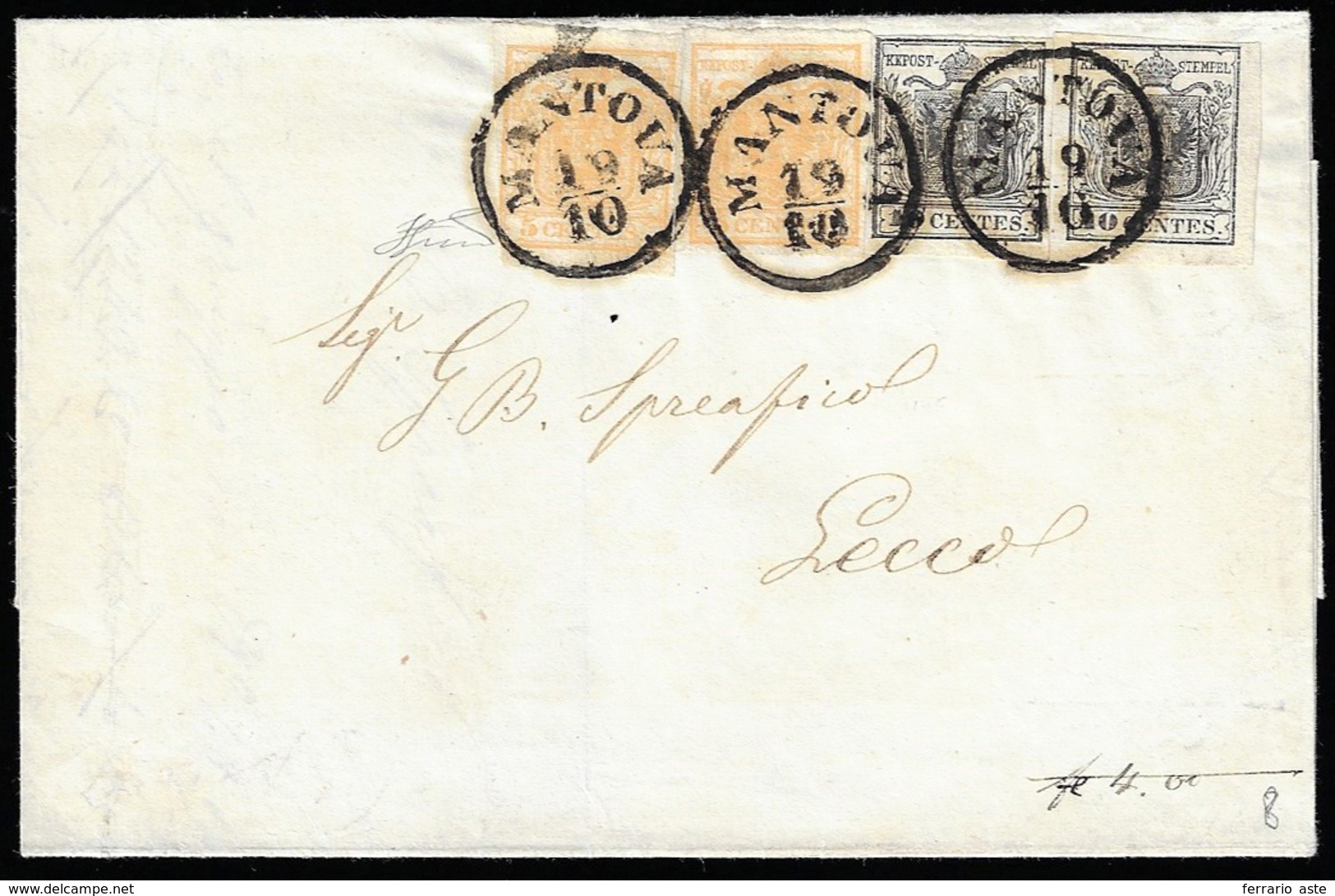 1854 - 5 Cent. Giallo Ocra, Due Esemplari, Uno Con Un Margine A Filo In Un Punto, 10 Cent. Nero, Due... - Lombardo-Vénétie