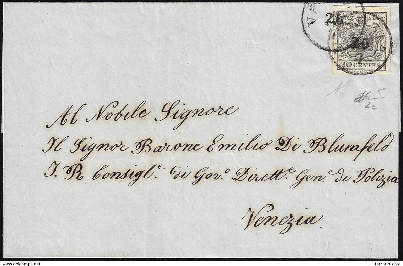 1854 - 10 Cent. Grigio Nero, Carta A Mano (2c), Perfetto, Isolato Su Sovracoperta Di Lettera Da Vene... - Lombardo-Vénétie