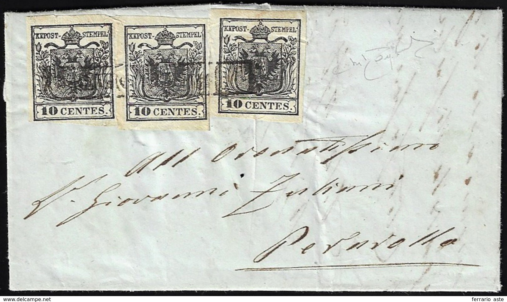 1855 - 10 Cent. Nero Intenso (2d), Un Esemplare Del I Sottotipo E Due Del II, Perfetti, Su Lettera D... - Lombardo-Vénétie