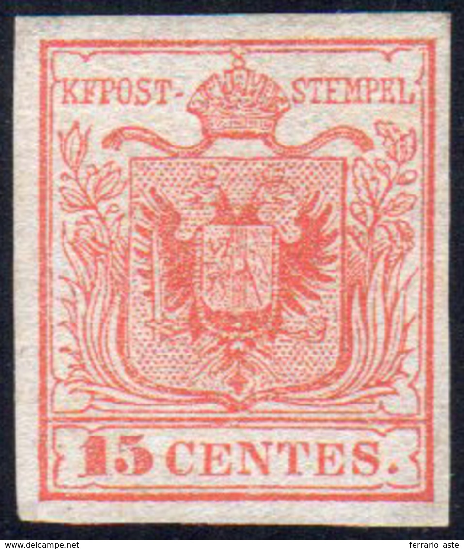 1850 - 15 Cent. Rosso, I Tipo, Carta A Mano (3), Nuovo Senza Gomma, Perfetto. Bello. Chiavarello.... - Lombardo-Vénétie