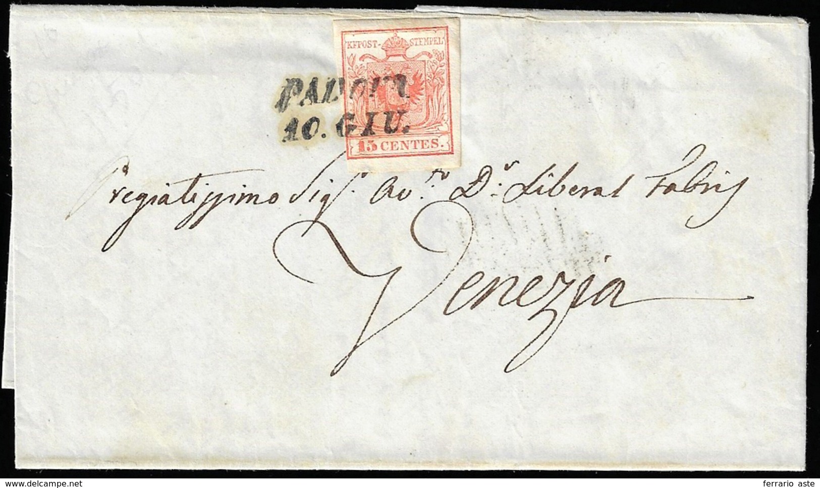 1850 - 15 Cent. Rosso, I Tiratura (3a), A Filo A Sinistra, Su Lettera Da Padova 10/6/1850 (primi Gio... - Lombardo-Vénétie