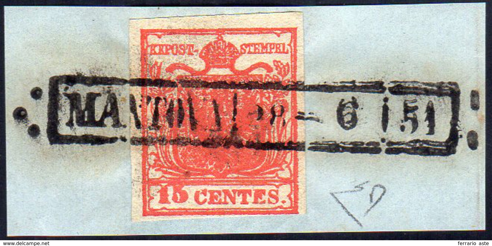 1850 - 15 Cent. Rosso Carminio Scuro, "rosso Fuoco", II Tipo, Carta A Mano (4c), Perfetto, Usato Su ... - Lombardo-Vénétie