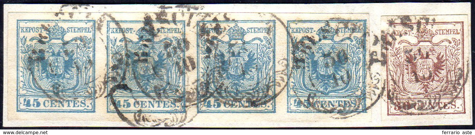 1852 - 45 Cent. Azzurro Ardesia, II Tipo, Striscia Orizzontale Di Quattro, 30 Cent. Bruno Lillaceo, ... - Lombardo-Vénétie