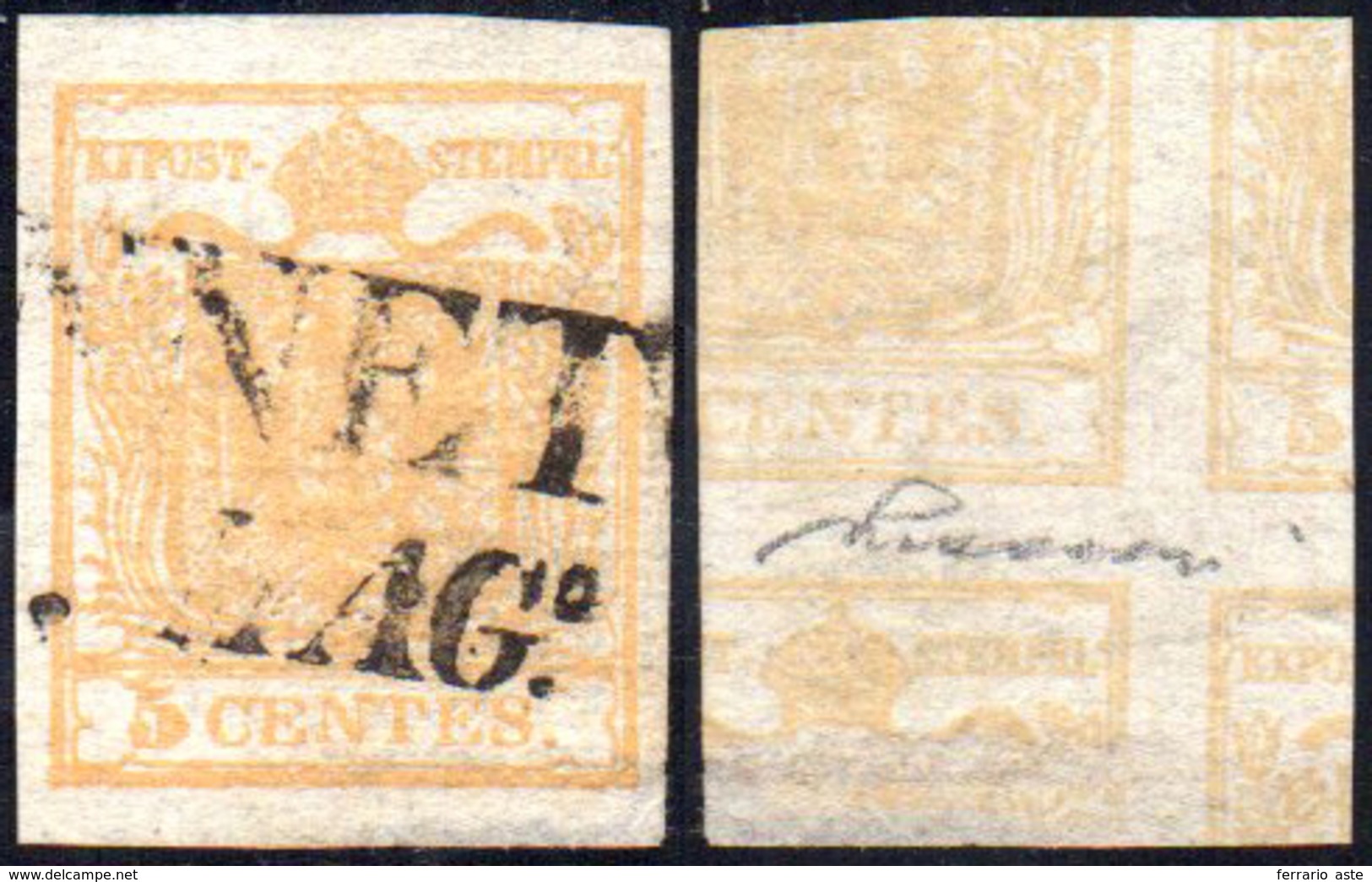 1851 - 5 Cent. Giallo Ocra, Stampa Recto-verso, Controstampa Diritta (13A), Perfetto, Usato A Cannet... - Lombardo-Vénétie