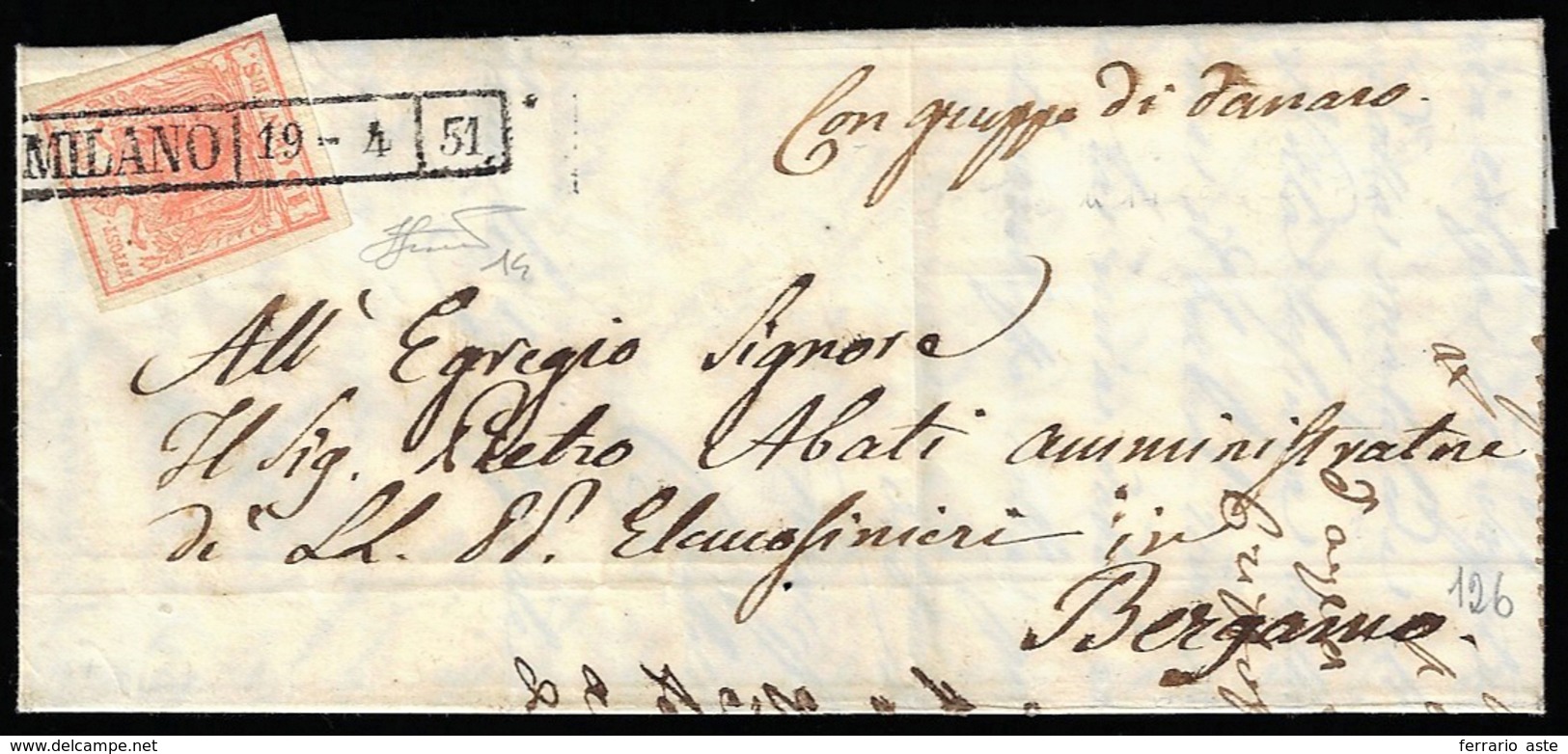 1851 - 15 Cent. Rosso Vermiglio, I Tipo, Carta A Coste Verticali (14), Perfetto, Su Lettera Da Milan... - Lombardo-Vénétie