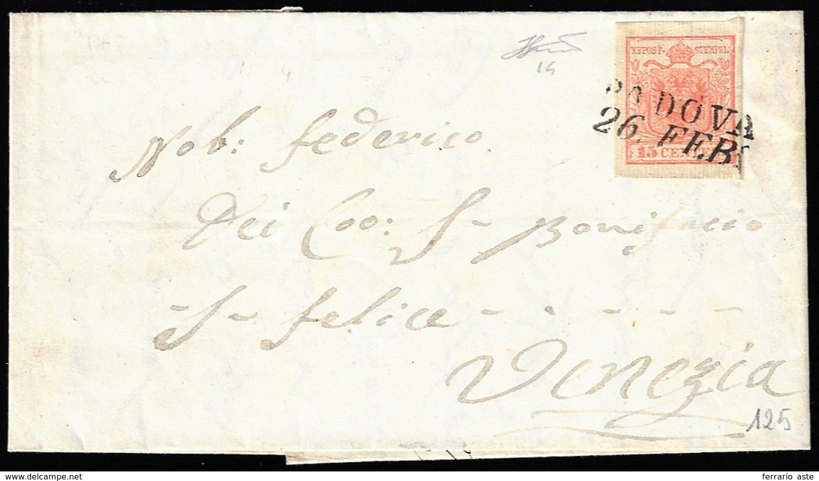 1851 - 15 Cent. Rosso Vermiglio, I Tipo, Carta A Coste Verticali (14), Perfetto, Su Lettera Da Padov... - Lombardo-Vénétie