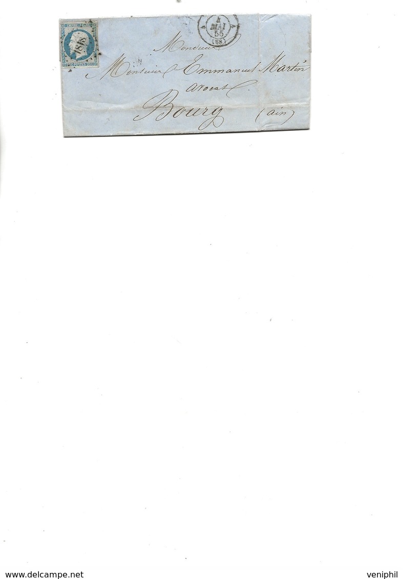 LETTRE  AFFRANCHIE N° 14 F  -BLEU LAITEUX OBITERATION LOSANGE PC 1818 - LYON - 1855 - Gebruikt