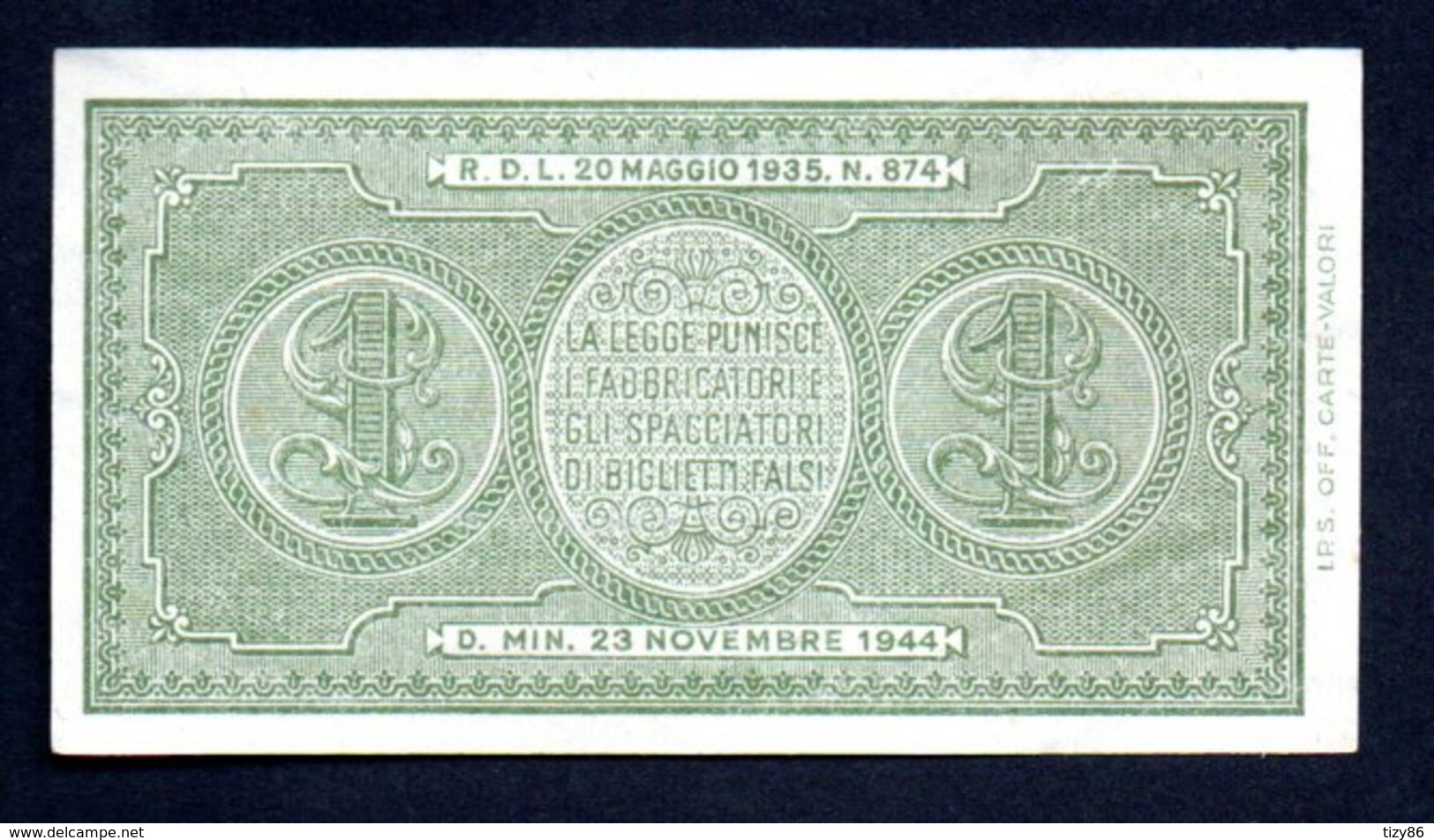 Banconota Italia - 1 Lira Italia Laureata 23/11/1944 FDS/UNC - Italia – 1 Lira