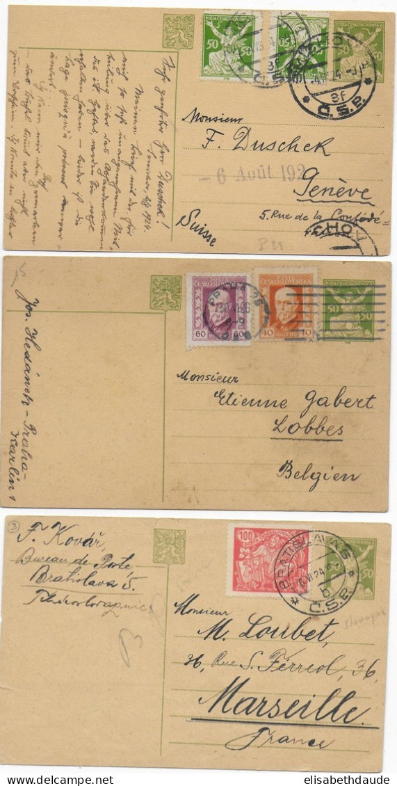 TCHECOSLOVAQUIE - 1924/1926 - 3 CP ENTIERS POSTAUX Avec COMPLEMENT => BELGIQUE / SUISSE / FRANCE ! - Postcards