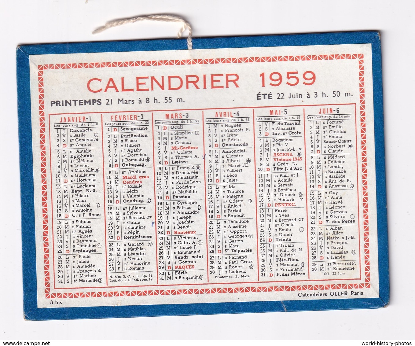 Calendrier Ancien De 1959 - Printemps Le 21 Mars à 8h55 , L'été Le 22 Juin à 3h50 - Calendrirs Oller Paris - Grand Format : 1941-60