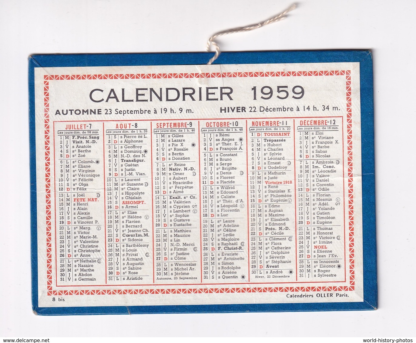 Calendrier Ancien De 1959 - Printemps Le 21 Mars à 8h55 , L'été Le 22 Juin à 3h50 - Calendrirs Oller Paris - Grand Format : 1941-60