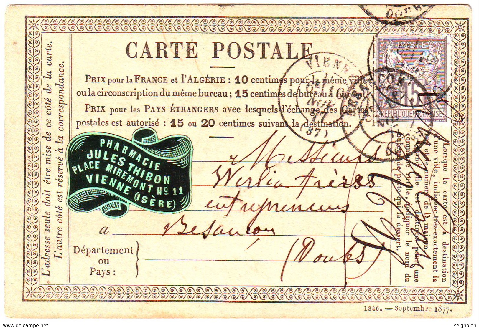 Etiquette Publicitaire Pharmacie Sur Carte Precurseur VIENNE Isere 1877 - 1877-1920: Periodo Semi Moderno